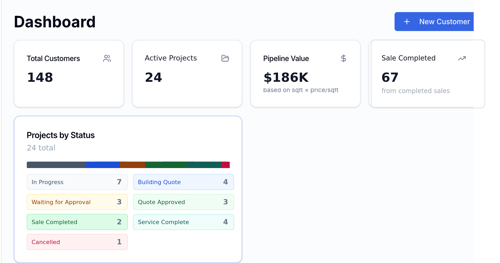 FLOORENDER Dashboard showing customer, project, pipeline, and job status metrics